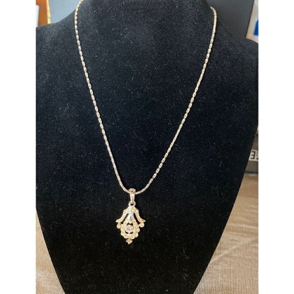 Vintage Clear Rhinestone Pendant Necklace, in Silver, Unmarked - Picture 2 of 4